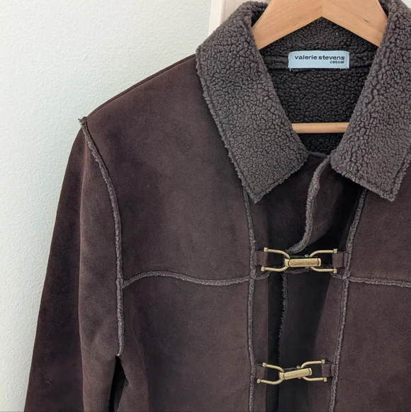 Vintage 70's Suede Shearling Collared Trench Coat In Dark Chocolate Brown - Picture 3 of 8